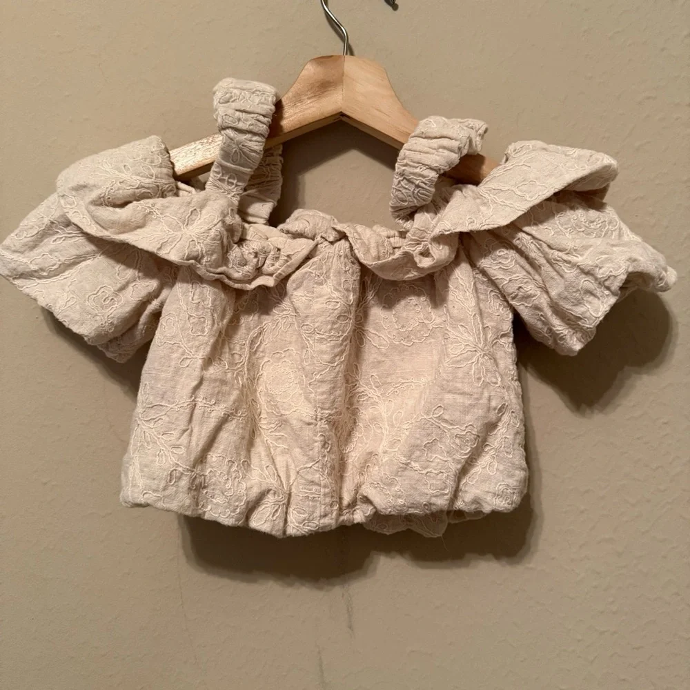 Zara Kids Beige Embroidered  Puff Sleeve Crop Top Off The Shoulder Size 9
